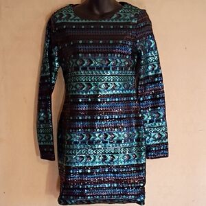 SHEIN Long Sleeve Sequin Dress - Turquoise and Black